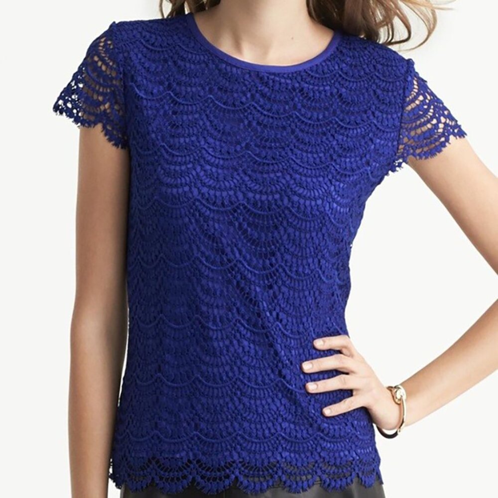 Banana Republic Royal Blue Lace Overlay Short Sleeve Top Size 2
